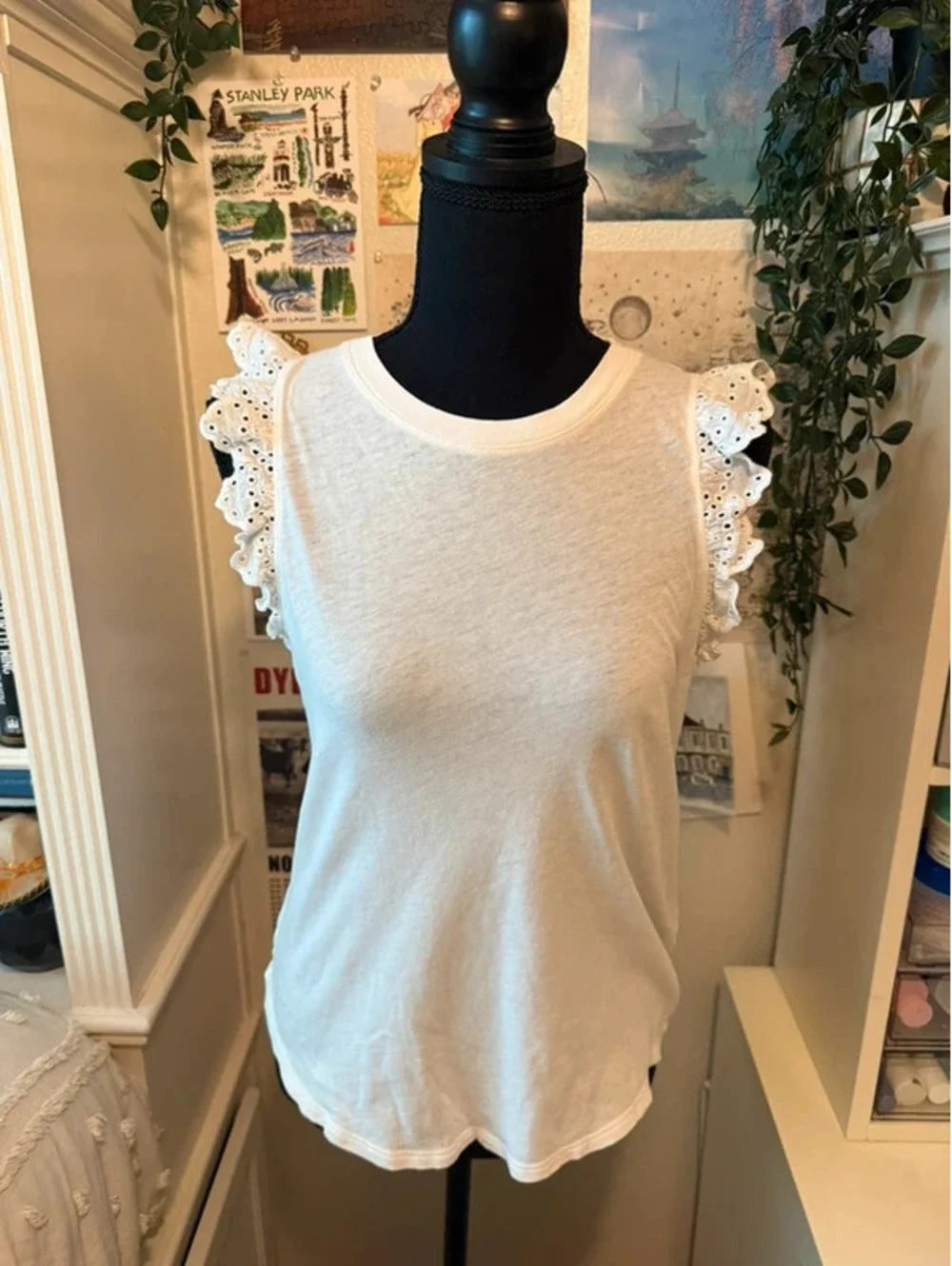 Kate Spade New York White Eyelet Ruffle Sleeve Cotton T-Shirt